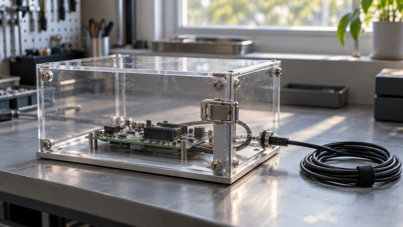 Conceptual photograph of an unbranded circuit board inside a clear latched test enclosure, not equipment from an actual incident.