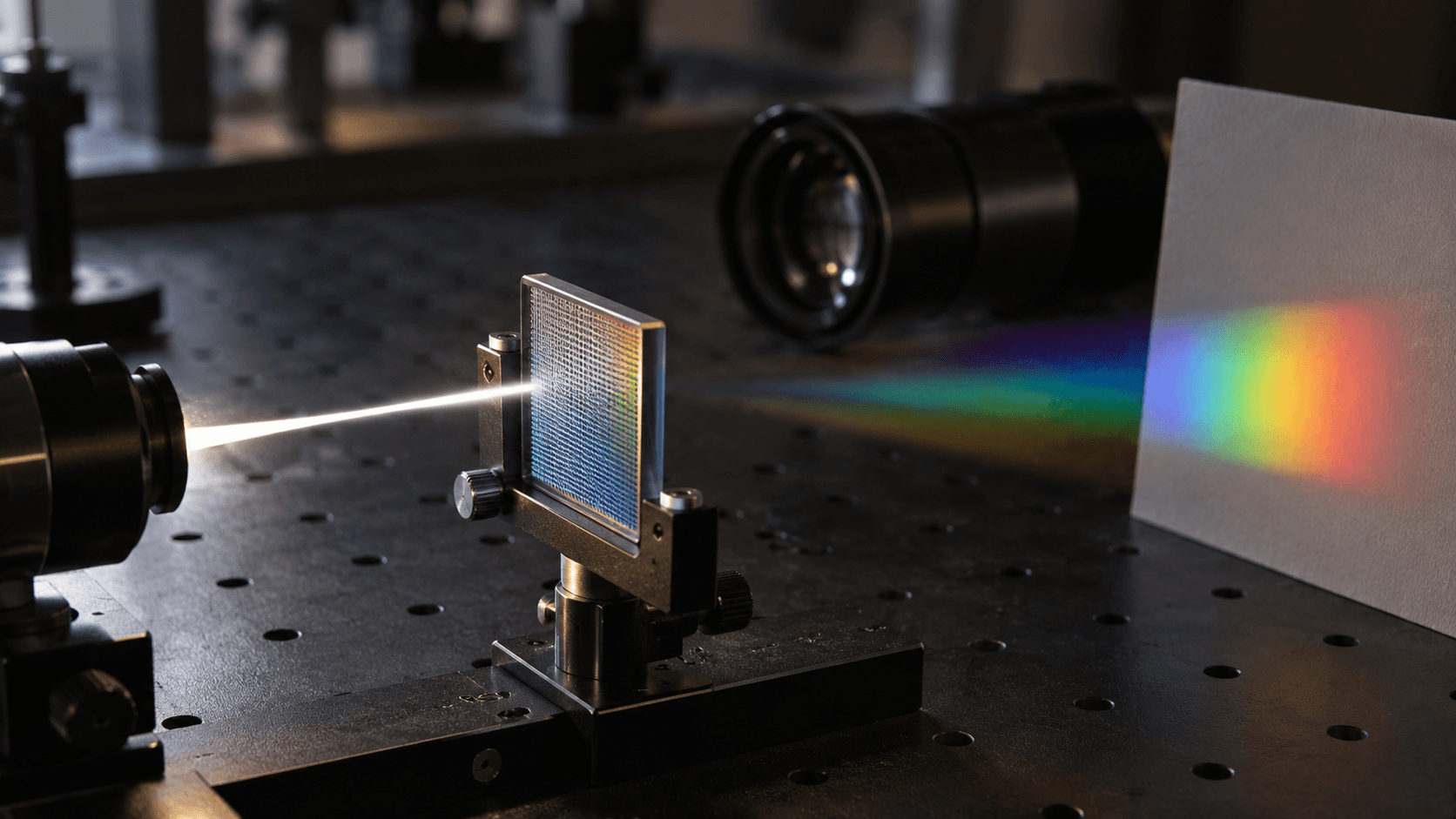 Conceptual optical-bench still life with unbranded lenses and a diffraction grating; not Hubble hardware, an actual research facility or an image of the candidate planet.