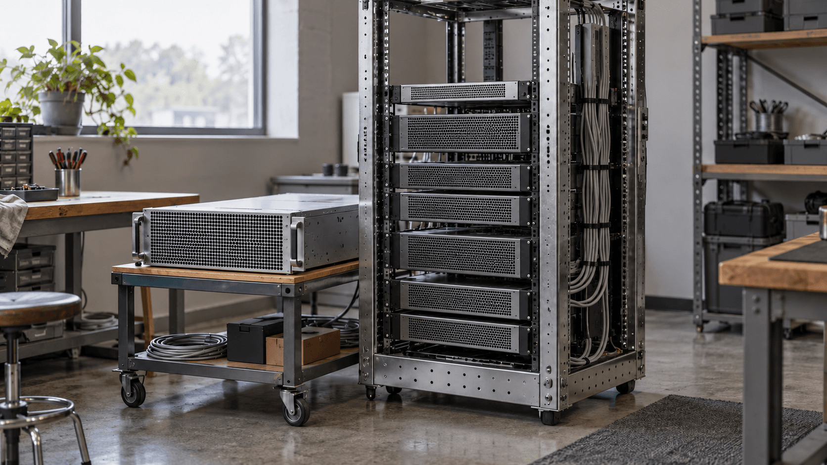 Conceptual photograph of plain server equipment in a workshop, not a depiction of a Deno or Cloudflare facility.