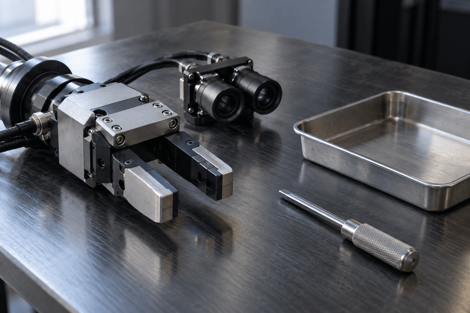 Conceptual still-life photograph of an unbranded robotic gripper, camera lenses and metal tray. Not the Fly-by-Code platform or an actual experiment.