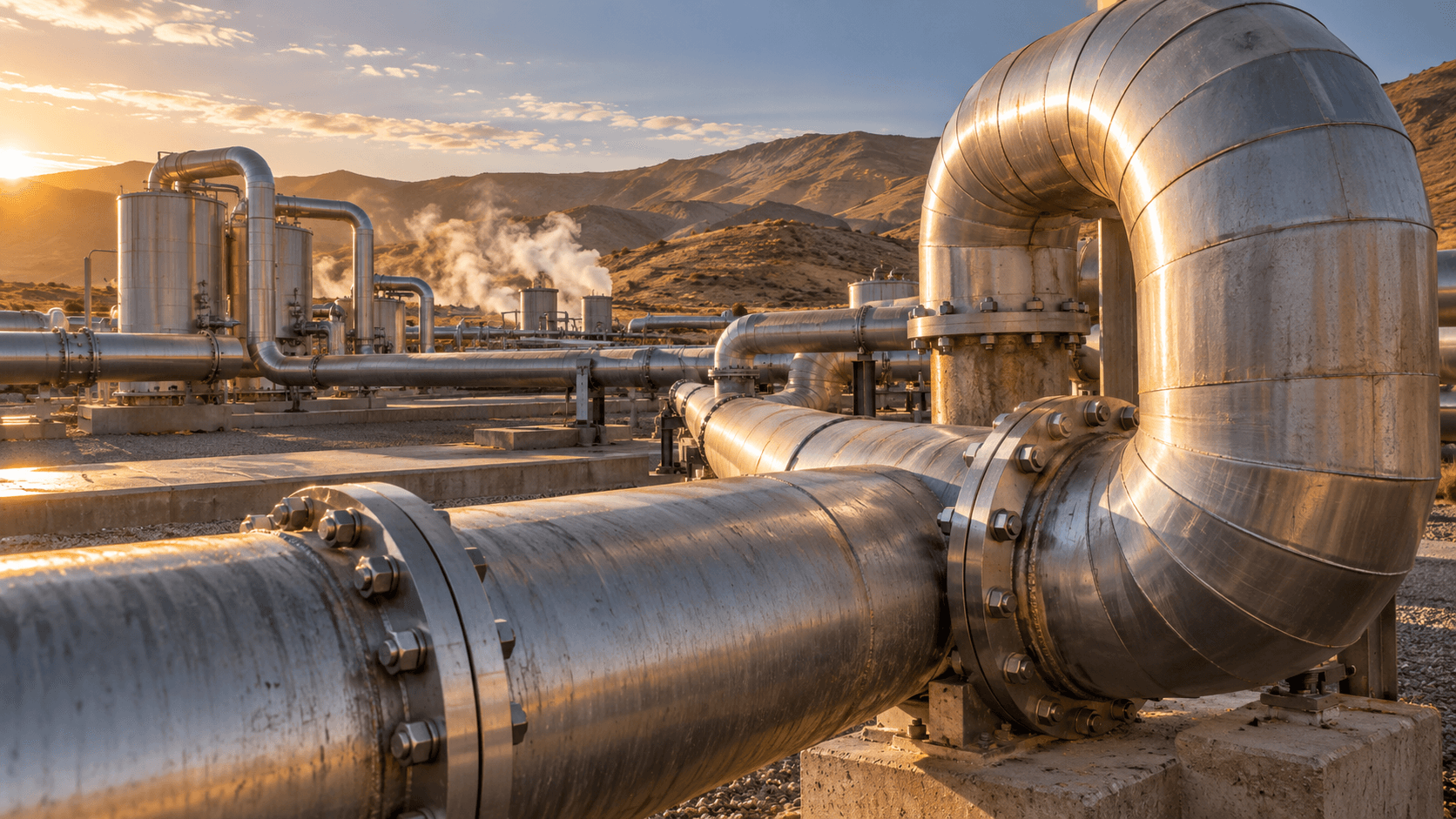 Conceptual photograph of unbranded pipes and heat-exchanger equipment at a fictional desert facility, not a documentary image of Cape Station or Fervo equipment.