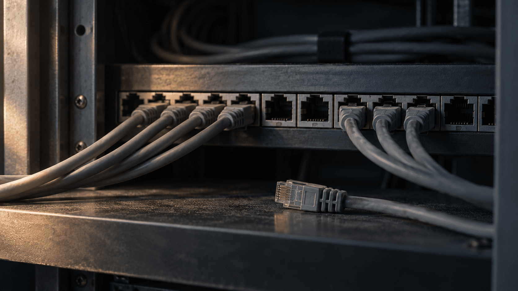 Conceptual photograph of an unbranded network patch panel with connected cables and one unplugged connector, not equipment from an actual incident.