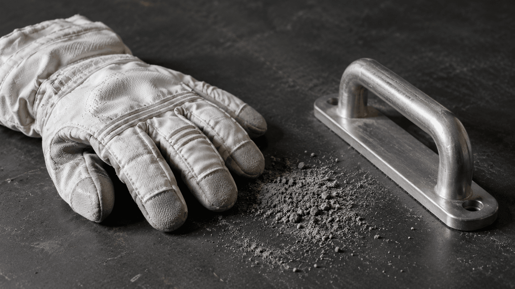 Conceptual studio still life of an empty technical-fabric glove, metal handhold and gray mineral dust, not actual NASA equipment or a documented experiment.