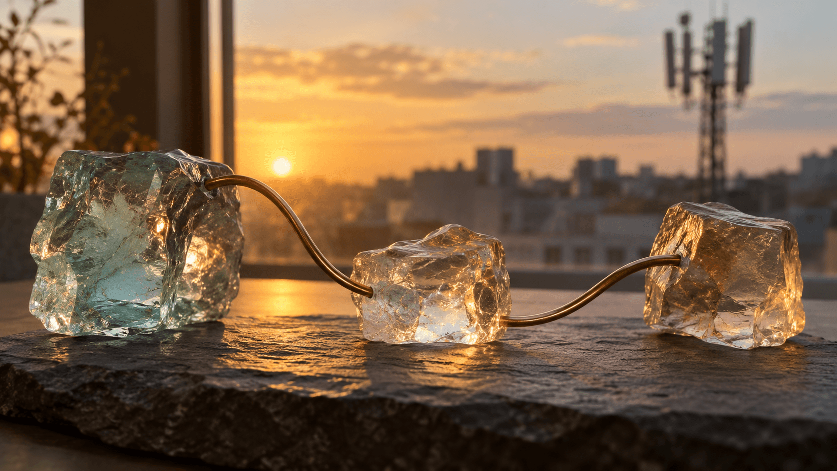 Conceptual glass blocks joined by copper wire beside a distant radio antenna, not an actual product or company facility.