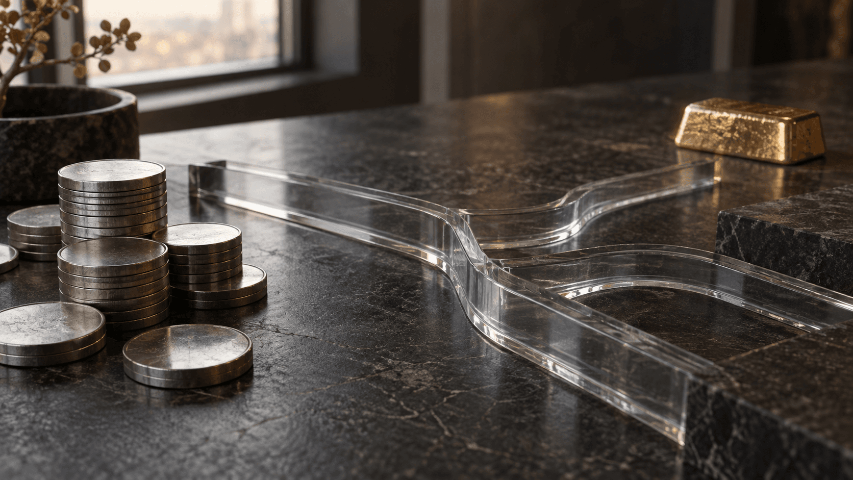Conceptual still life of unmarked metal discs, branching glass channels and a gold-colored ingot, not actual reserves or a financial transaction.