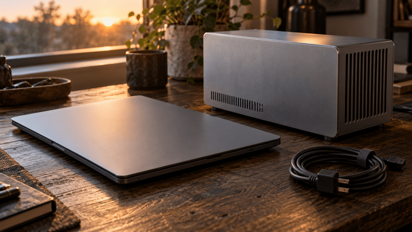 Conceptual still life of an unbranded laptop and desktop enclosure, not actual Microsoft or NVIDIA hardware.