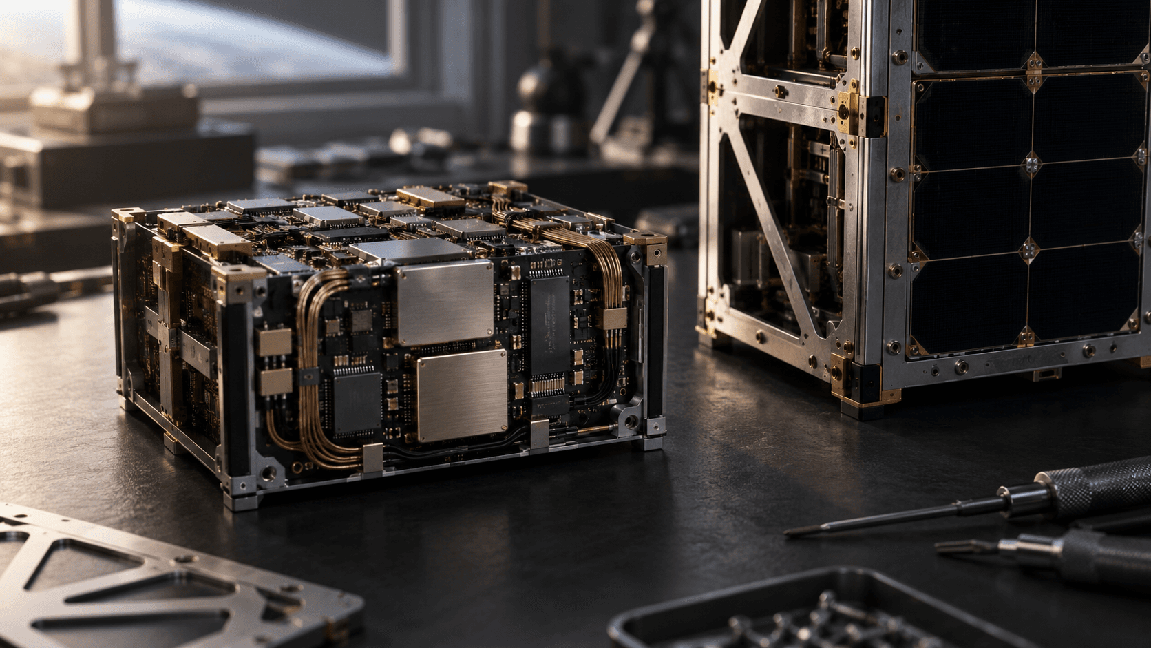 Conceptual photograph of unbranded spacecraft computing modules in a fictional electronics laboratory, not a documentary image of Satlyt hardware or a flight experiment.