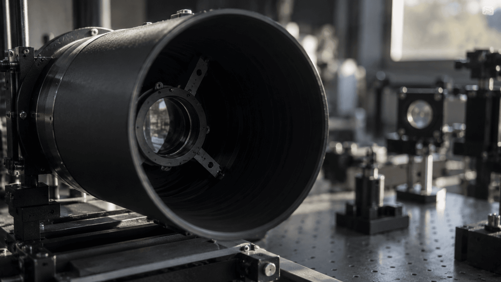 Conceptual optical instrument with a dark cylindrical baffle on a laboratory bench, not SMILE hardware or a documented mission test.